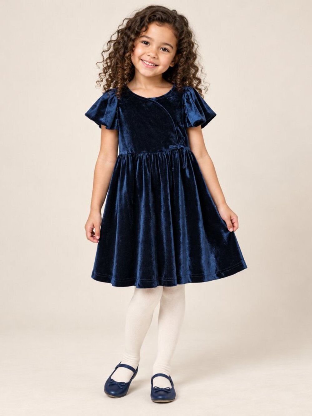 Lands’ End Girls Navy Velour Faux Wrap Holiday Dress Size 4/5